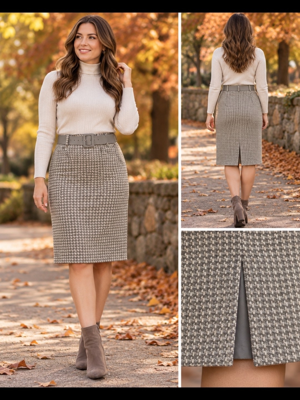 Classic Houndstooth Pencil Skirt - Taupe/Gray